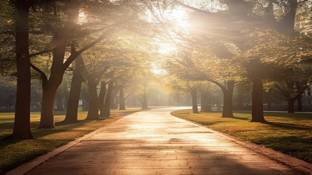 Sunlit walking path through a peaceful urban park at morning