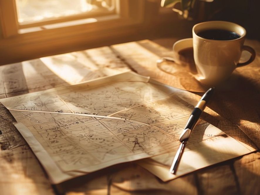 Printed walking map with handwritten route notes and coffee cup